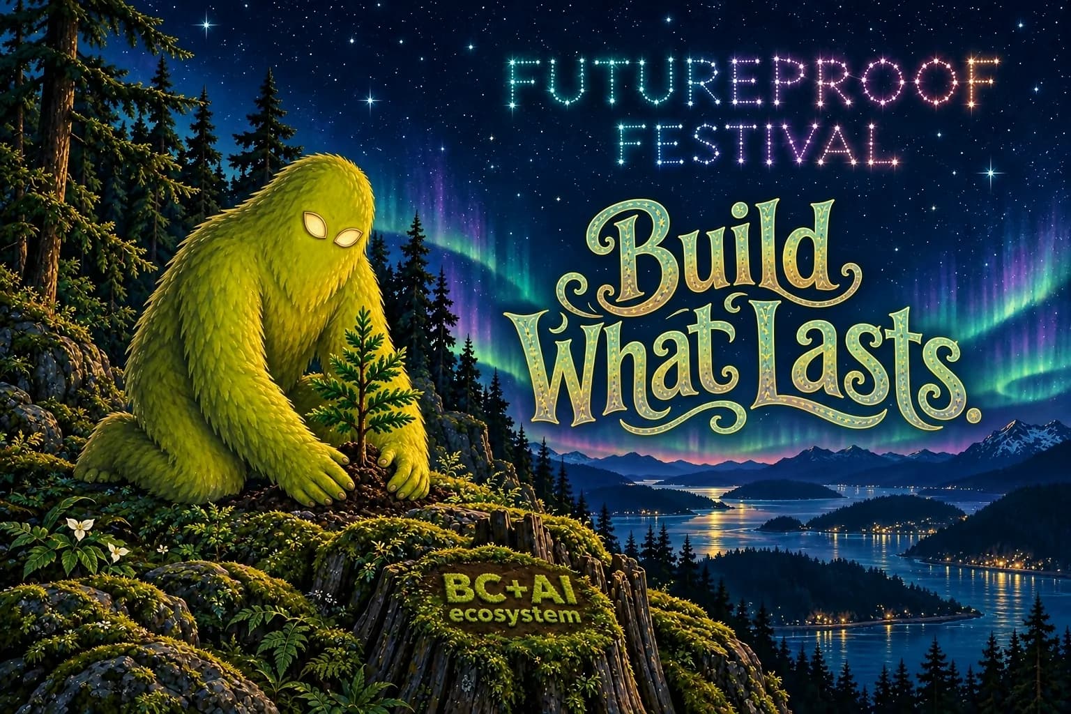 Hand-painted Futureproof Festival scene: Squatchie pressing soil around a cedar seedling on a bluff above a night inlet, the line "Build What Lasts." lettered into the picture and the festival name drawn as a constellation in the sky