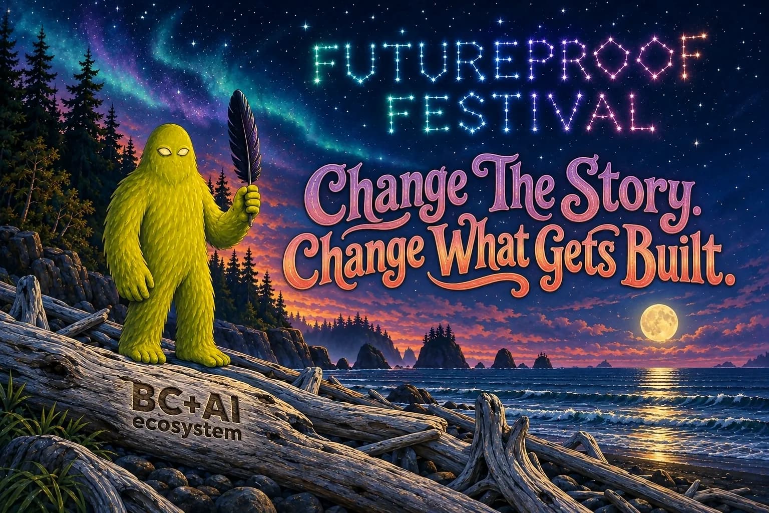 Hand-painted Futureproof Festival scene: Squatchie on a driftwood shore at dusk, holding a raven feather like a quill, the line "Change The Story. Change What Gets Built." lettered into the picture and the festival name drawn as a constellation in the sky