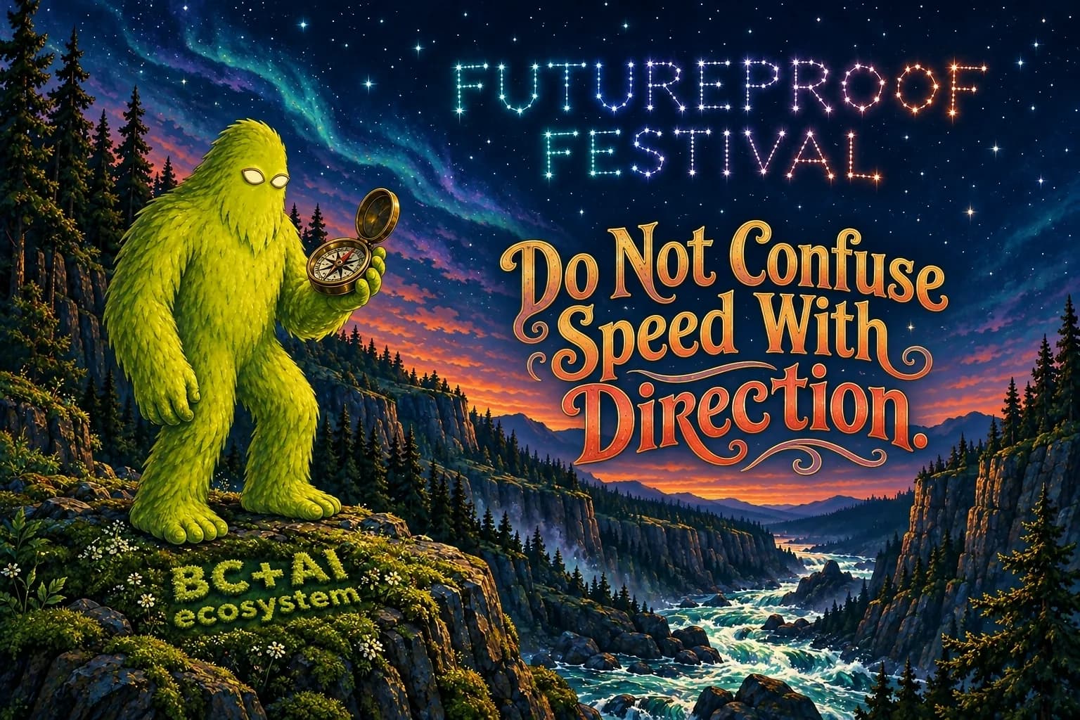 Hand-painted Futureproof Festival scene: Squatchie on a canyon ledge at dusk, reading a brass compass above the rapids, the line "Do Not Confuse Speed With Direction." lettered into the picture and the festival name drawn as a constellation in the sky