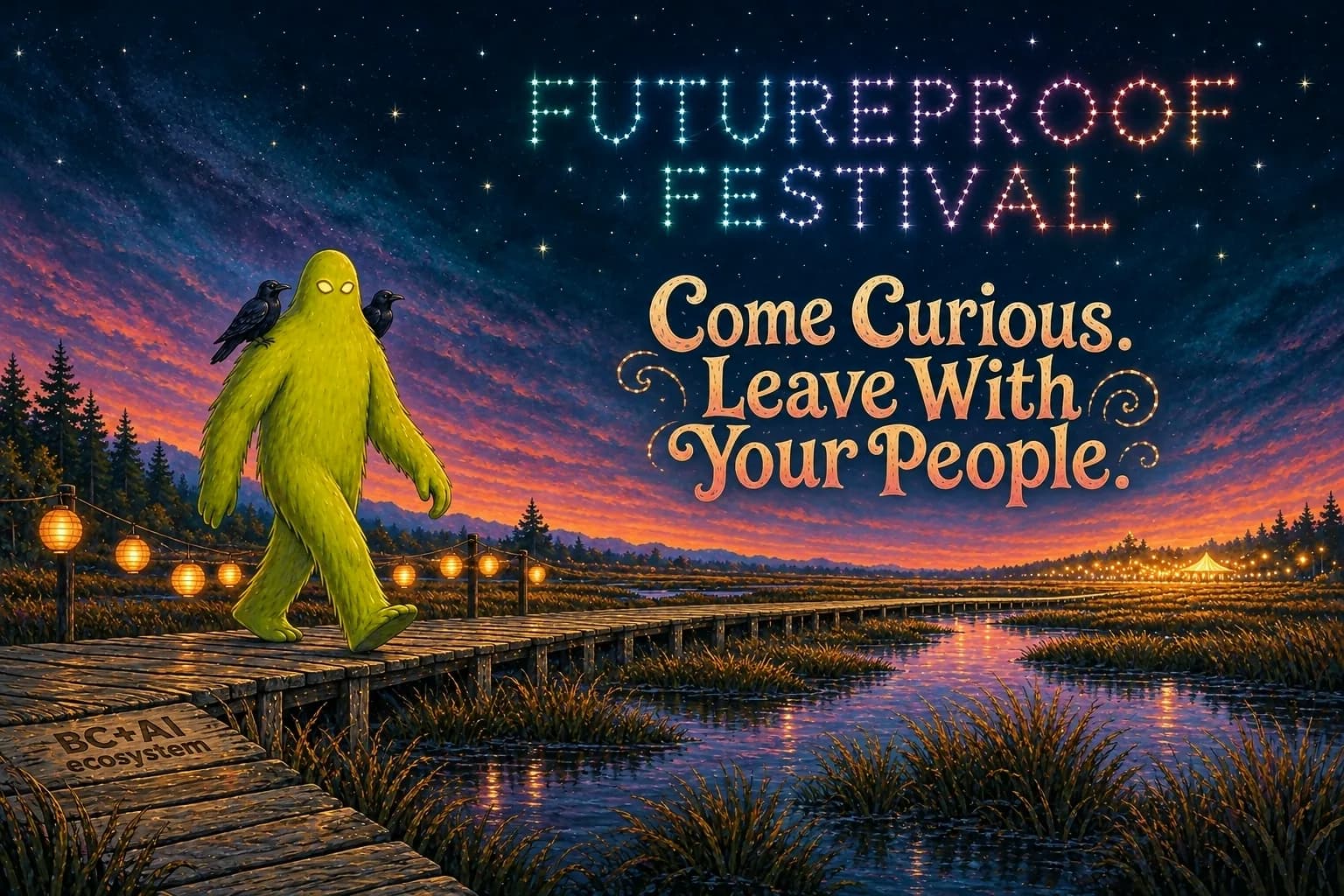 Hand-painted Futureproof Festival scene: Squatchie walking a lantern-lit salt-marsh boardwalk at twilight with a raven on each shoulder, the line "Understand AI. Shape what comes next." lettered into the picture and the festival name drawn as a constellation in the sky