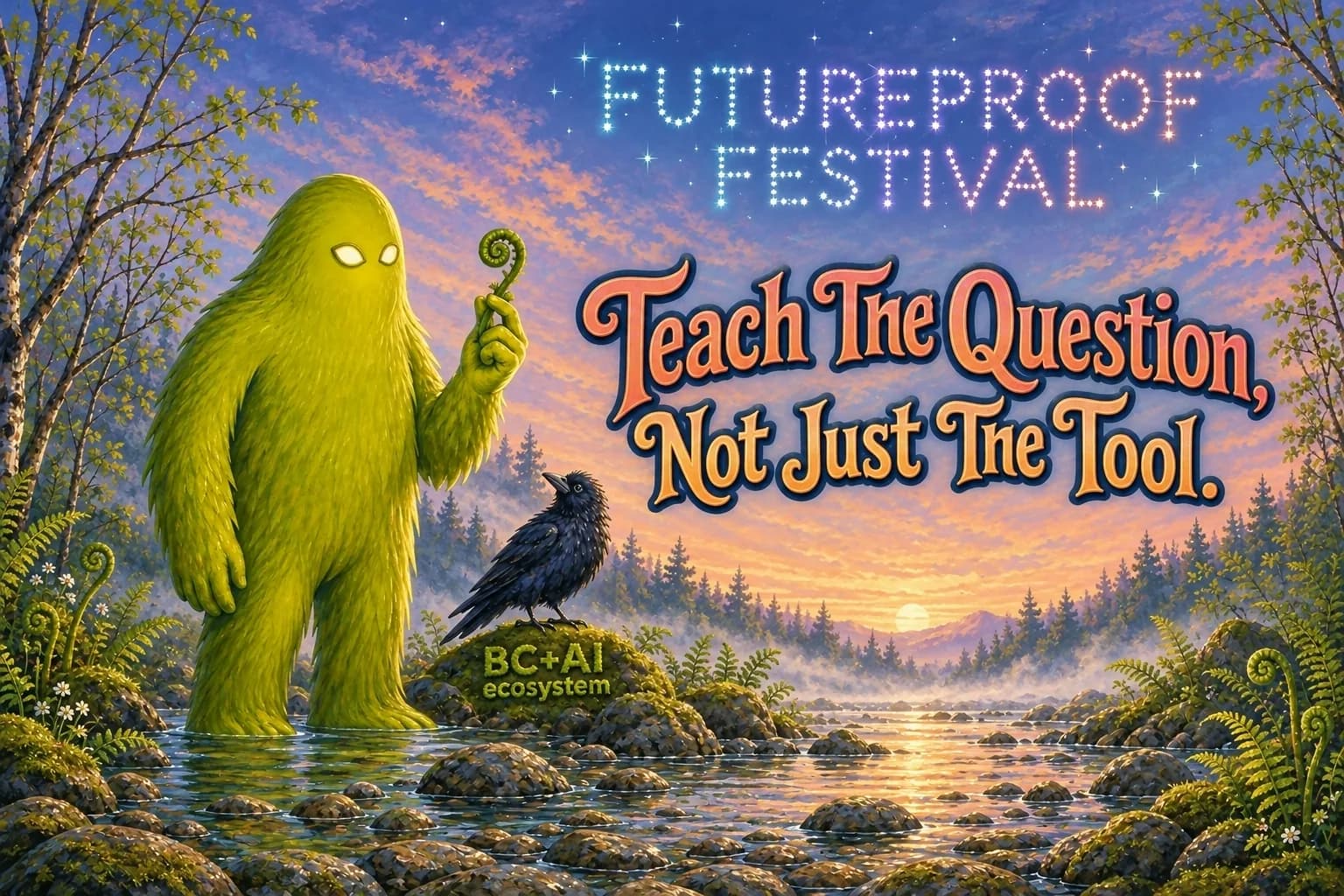 Hand-painted Futureproof Festival scene: Squatchie in a misty spring creek at morning, holding up a fiddlehead while a young raven watches, the line "Teach The Question, Not Just The Tool." lettered into the picture and the festival name drawn as a constellation in the sky