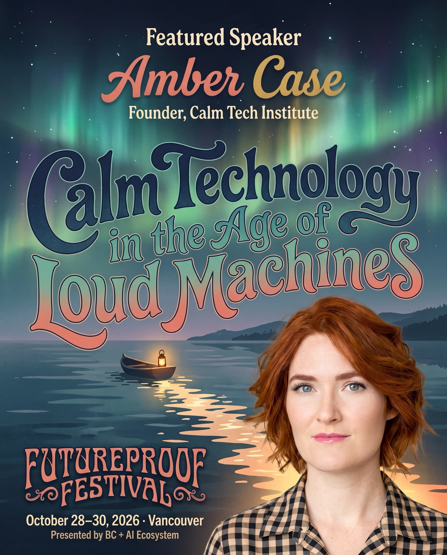 Illustrated Futureproof Festival featured speaker card for Amber Case, founder of the Calm Tech Institute. Her portrait appears on the right against a starry midnight-blue sky and glowing horizon. Hand-lettered text reads Calm Technology in the Age of Loud Machines and gives the festival dates, Oct 28–30, 2026, in Vancouver.