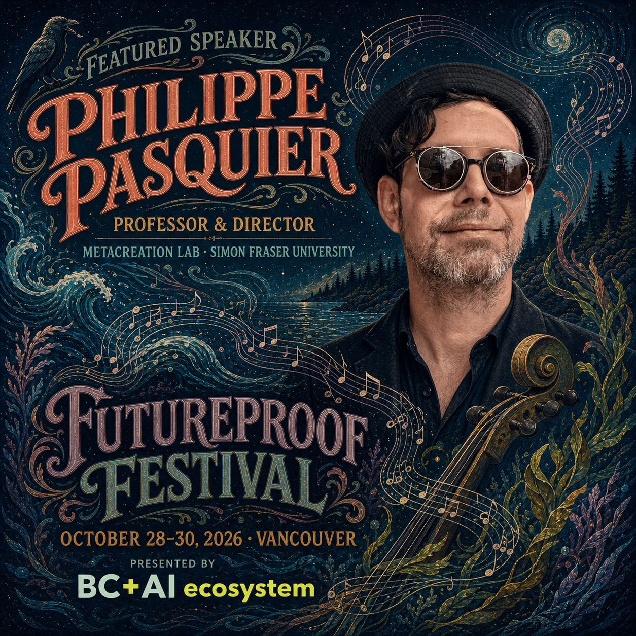 Illustrated Futureproof Festival featured speaker card for Philippe Pasquier in a hat and round sunglasses, beside a cello scroll and a river of musical notation under a night forest.