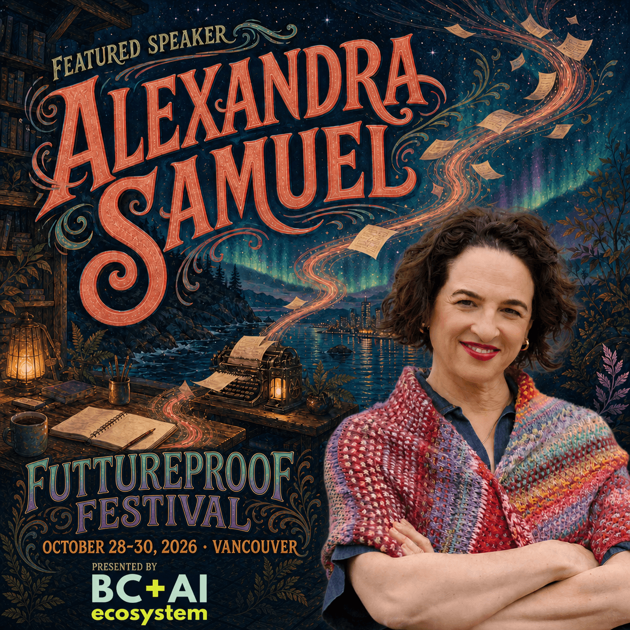 Illustrated Futureproof Festival featured speaker card for Alexandra Samuel beside a moonlit waterfront writing desk, with the official Futureproof Festival and BC + AI ecosystem marks.
