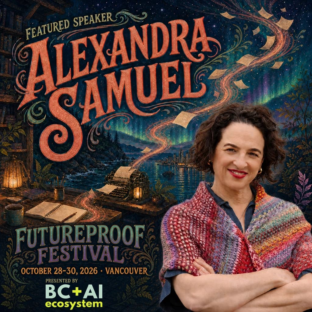 Illustrated Futureproof Festival featured speaker card for Alexandra Samuel beside a moonlit waterfront writing desk, with the official Futureproof Festival and BC + AI ecosystem marks.