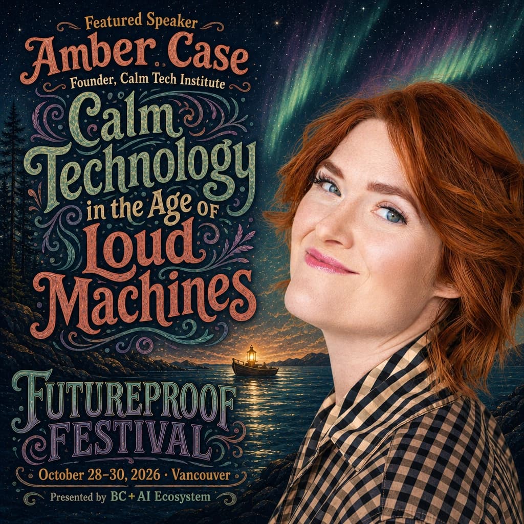 Illustrated Futureproof Festival featured speaker card for Amber Case. Hand-lettered type down the left reads "Featured Speaker, Amber Case, Founder, Calm Tech Institute" above "Calm Technology in the Age of Loud Machines", with the FUTUREPROOF FESTIVAL lockup, "October 28–30, 2026 · Vancouver" and "Presented by BC + AI Ecosystem" beneath. Amber's photograph sits on the right against an aurora night, and a small lantern-lit boat rests on the dark water behind her.