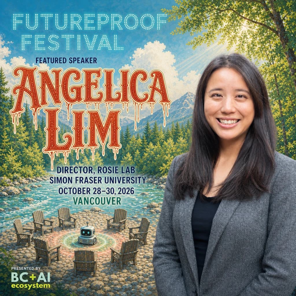 Futureproof Festival featured speaker artwork for Dr. Angelica Lim of the ROSIE Lab at Simon Fraser University, in a grey blazer beside a clear mountain river in daylight, where a ring of wooden chairs stands on a gravel bar around a small friendly robot, her name in drippy coral festival lettering and the festival wordmark spelled out in constellation stars above, with the BC+AI ecosystem presenter mark.