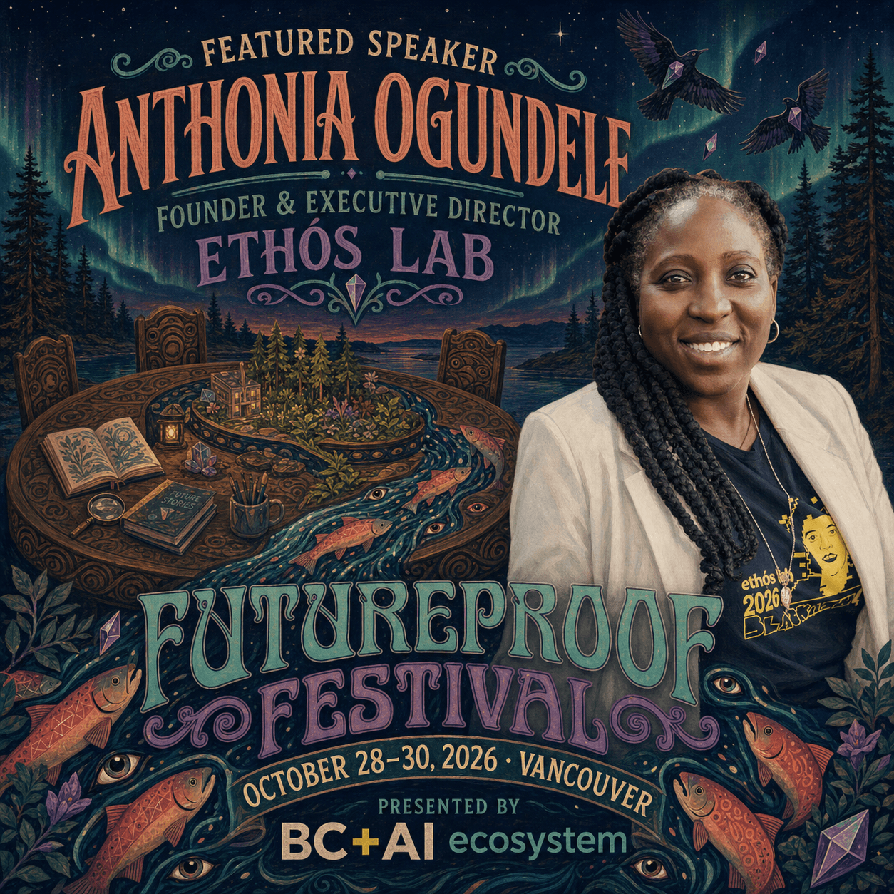 Illustrated Futureproof Festival featured speaker card for Anthonia Ogundele beside a learning table, salmon, ravens, and an aurora night sky.