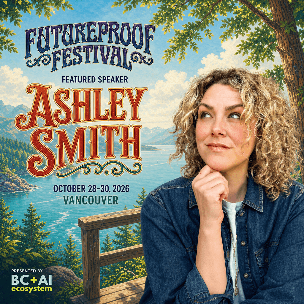Futureproof Festival featured speaker square for Ashley Smith in a denim shirt, chin on her hand, beside a cedar lookout rail over a wide sunlit turquoise inlet and distant blue mountains, with the BC + AI ecosystem presenter mark.