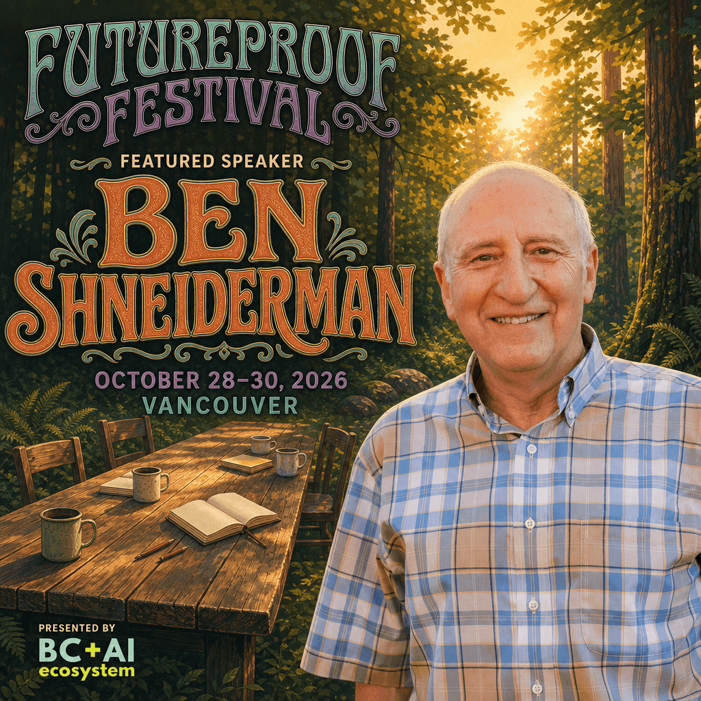 Futureproof Festival featured speaker square for Ben Shneiderman in a blue and tan plaid shirt beside a long plank table set with mugs and open notebooks in a golden-hour forest clearing, with the BC + AI ecosystem presenter mark.