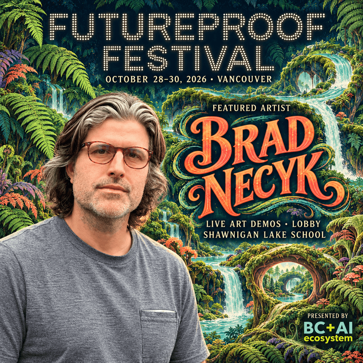 Futureproof Festival featured artist card for Brad Necyk, wearing glasses and a grey shirt, in a recursive fern forest with impossible looping waterfalls, coral name lettering, the star-dot Futureproof wordmark and the BC + AI ecosystem presenter mark. The card names Shawnigan Lake School and live art demos in the lobby.
