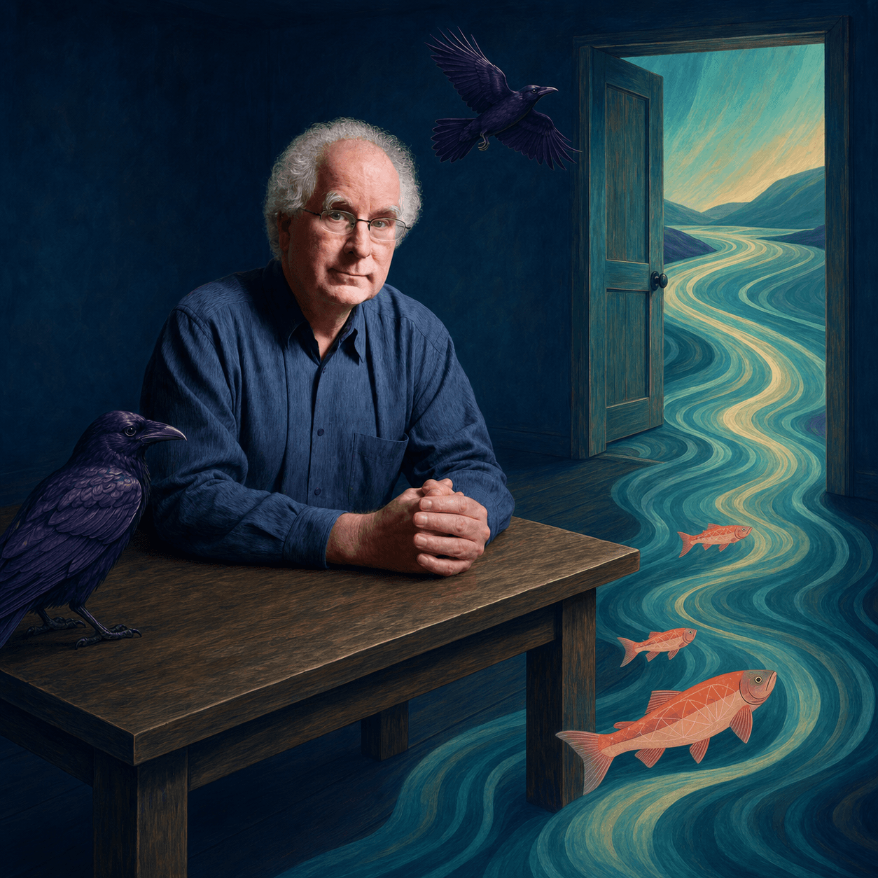 Illustrated Futureproof Festival featured speaker poster for Brewster Kahle, seated at a table with ravens and salmon while a painted river flows through an open door.
