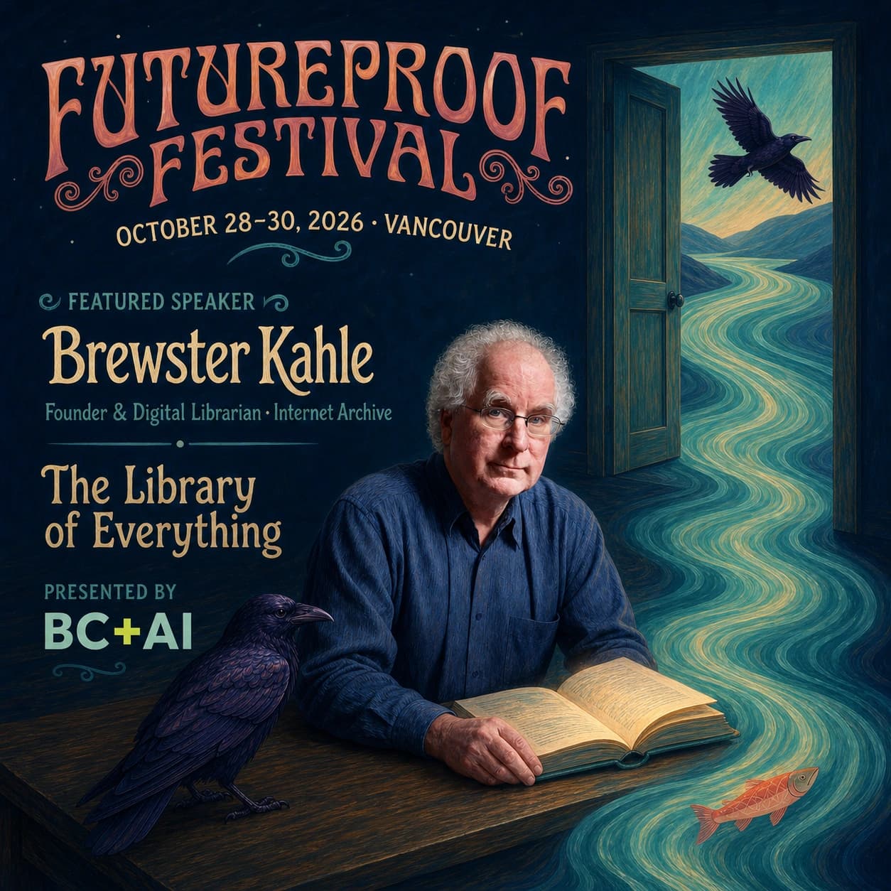Illustrated Futureproof Festival featured speaker poster for Brewster Kahle, seated at a table with a raven and salmon while a painted river flows through an open door. Hand-lettered card text includes The Library of Everything and the festival dates, October 28–30, 2026, in Vancouver.