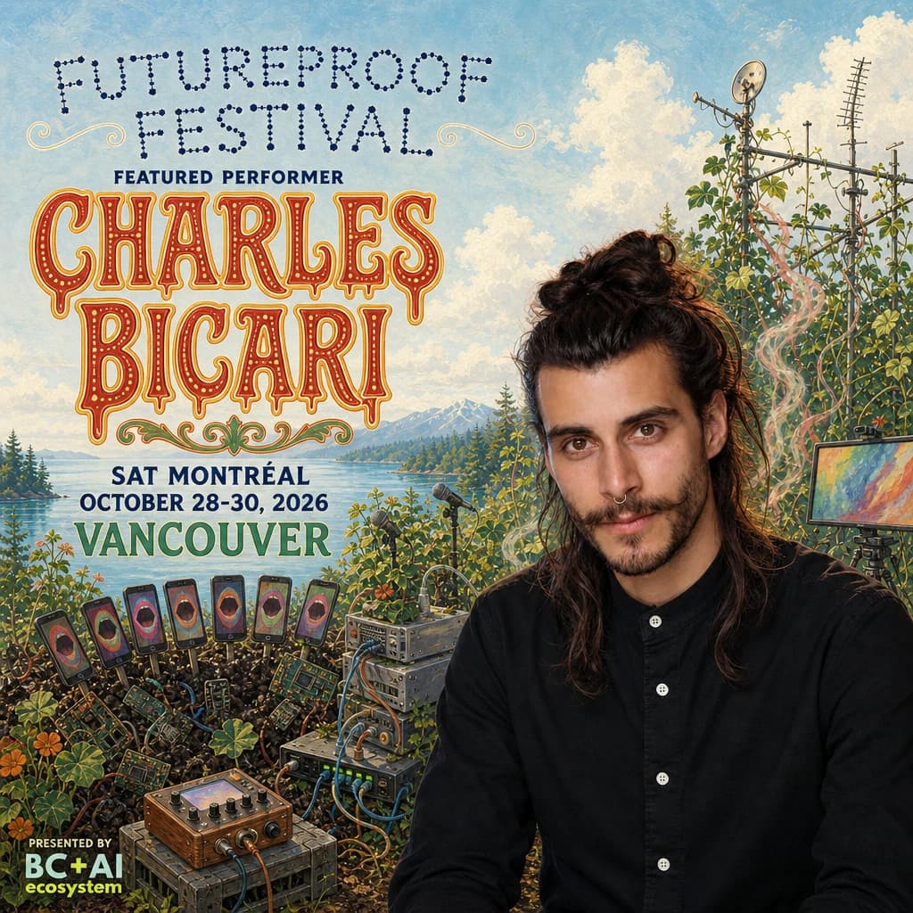 Futureproof Festival featured performer artwork for Charles Bicari of the Société des arts technologiques in Montréal, in a black shirt beside a bright coastal garden where broken screens and circuit boards compost into soil with squash growing out of them, a choir of salvaged phones on stakes and a home-made farm of small networked computers cabled into the mound, his name in drippy coral festival lettering and the festival wordmark spelled out in constellation stars above, with the BC+AI ecosystem presenter mark.