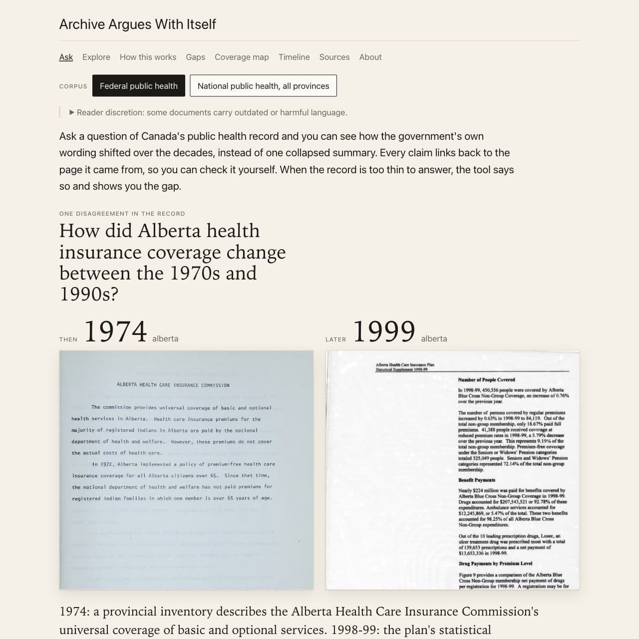 Screenshot of Jacob Ortiz's Archive Argues With Itself project, introducing Canada's public-health record and a comparison of Alberta health-insurance publications from 1974 and 1999.