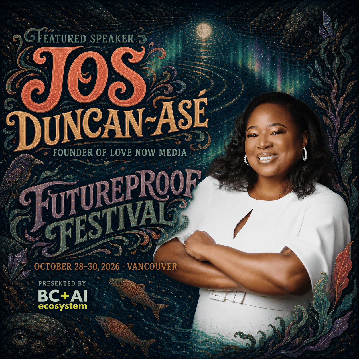 Illustrated Futureproof Festival featured speaker poster for Jos Duncan-Asé. Her smiling portrait in a white dress appears within a clean midnight field opening into broad seafoam, coral, and lavender botanical forms. The poster names her as Founder of Love Now Media, gives the festival dates, October 28–30, 2026, in Vancouver, and includes the BC + AI Ecosystem presenter mark.