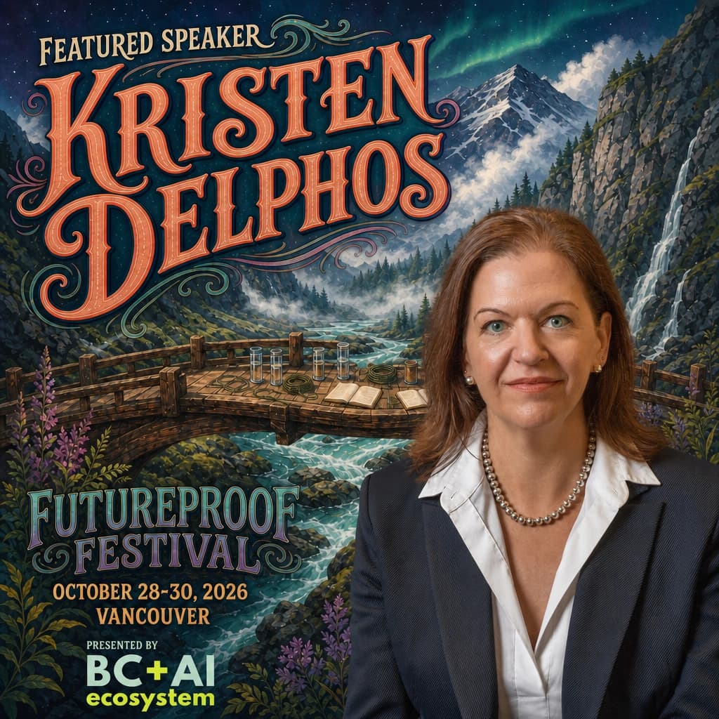 Futureproof Festival featured speaker square for Kristen Delphos beside a cedar bridge set with jars and open books over a braided turquoise river below misty peaks, with the BC + AI ecosystem presenter mark.