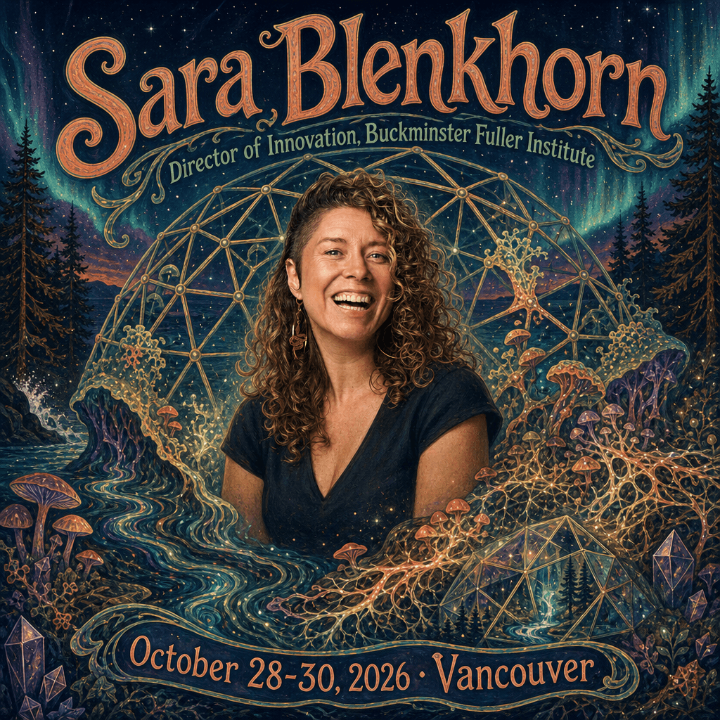 Illustrated Futureproof Festival featured speaker card for Sara Blenkhorn, Director of Innovation at the Buckminster Fuller Institute, beside a geodesic dome framework merging with living mycelial systems under an aurora night sky.