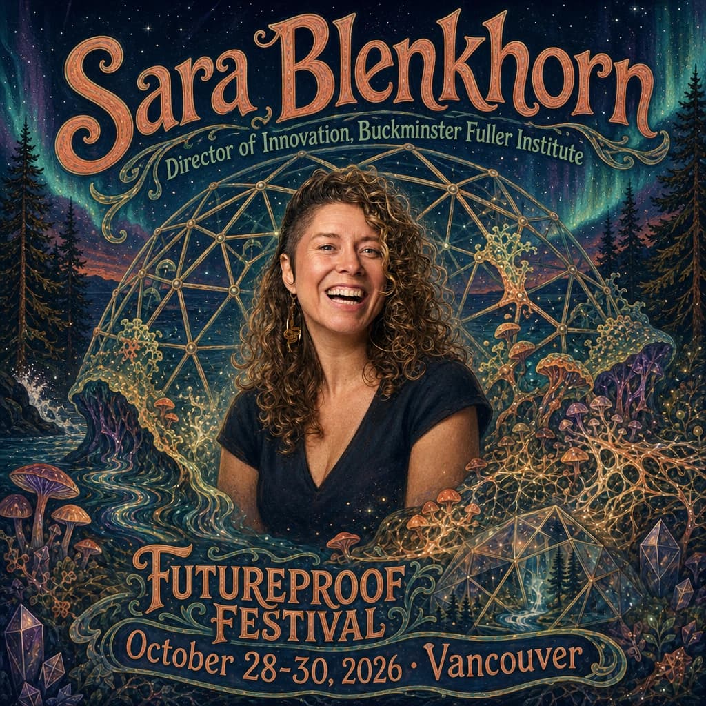Illustrated Futureproof Festival featured speaker card for Sara Blenkhorn, Director of Innovation at the Buckminster Fuller Institute, beside a geodesic dome framework merging with living mycelial systems under an aurora night sky.