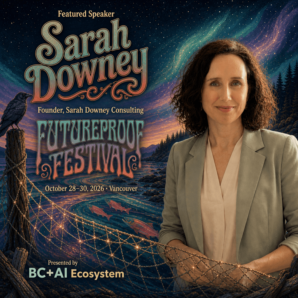 Illustrated Futureproof Festival featured speaker card for Sarah Downey mending a glowing net on a dusk shoreline with salmon, a raven, and aurora.
