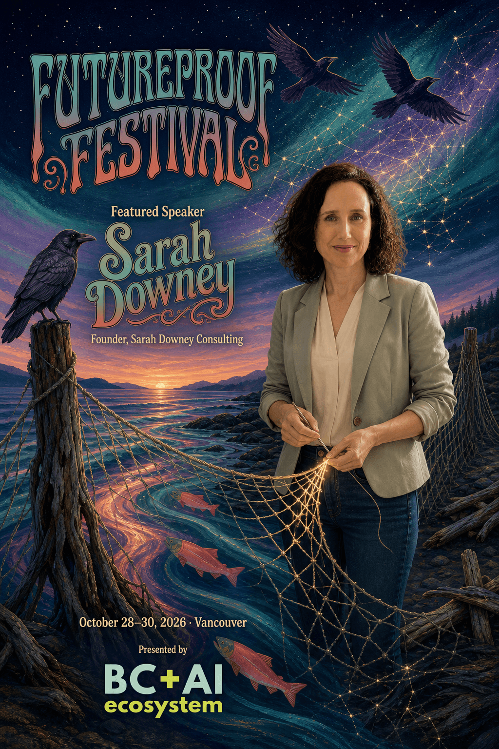 Illustrated Futureproof Festival featured speaker card for Sarah Downey mending a glowing net on a dusk shoreline with salmon, a raven, and aurora.