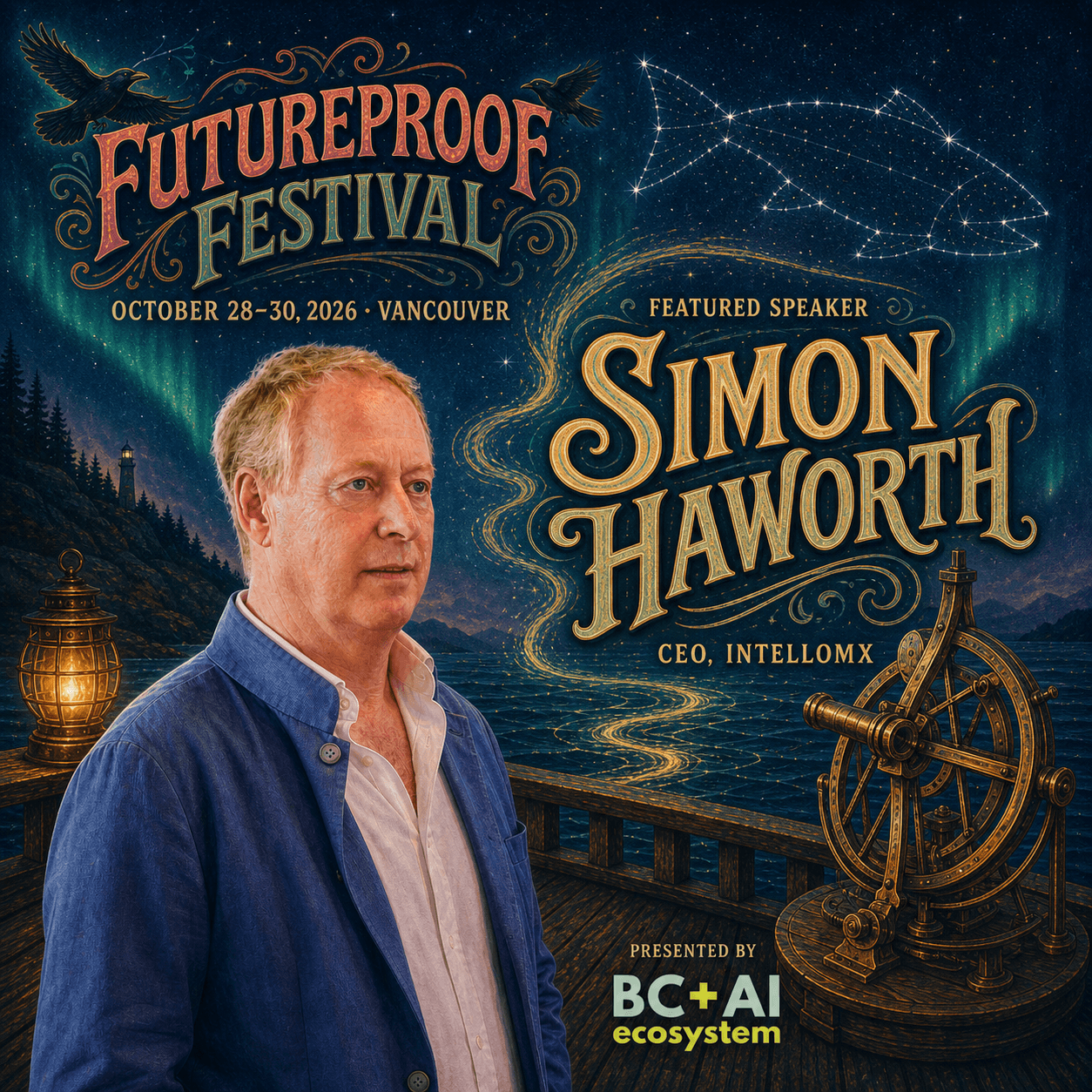 Illustrated Futureproof Festival featured speaker card for Simon Haworth on a night navigation deck under a salmon constellation.