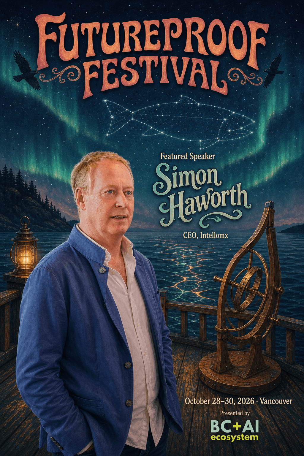 Illustrated Futureproof Festival featured speaker card for Simon Haworth on a night navigation deck under a salmon constellation.