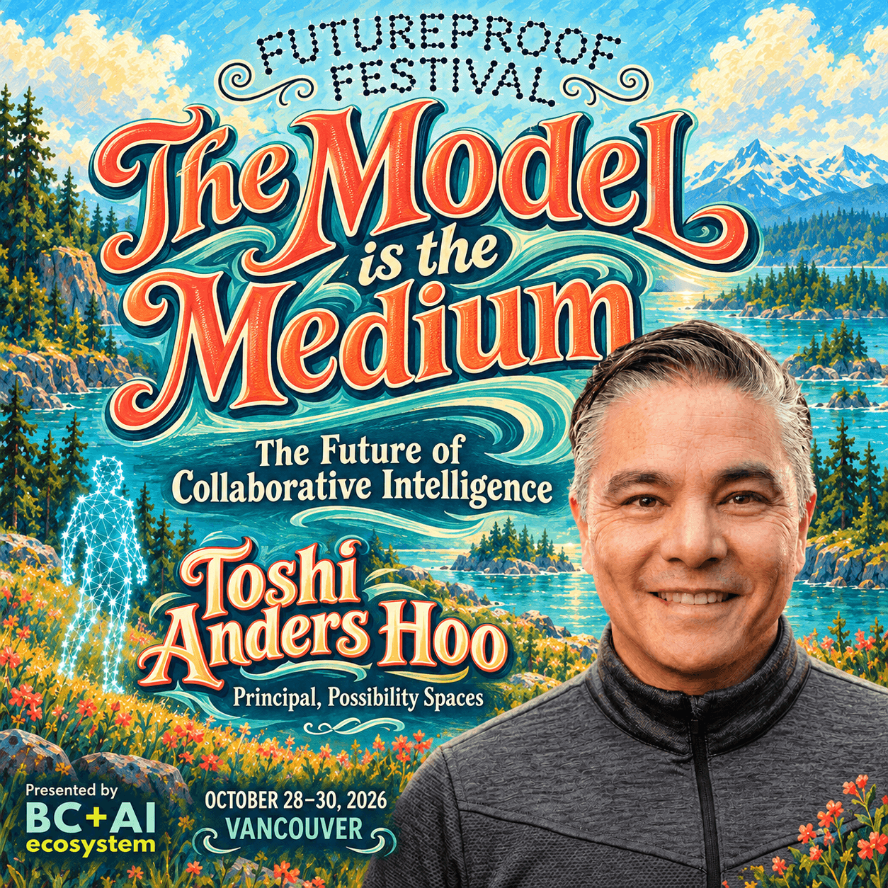Futureproof Festival artwork for Toshi Anders Hoo, smiling in his supplied grey zip-neck jacket beside a cyan constellation figure on a bright coastal inlet. Large coral lettering reads The Model is the Medium, flowing into painted turquoise tides above the subtitle The Future of Collaborative Intelligence, with his name, festival dates and BC+AI presenter mark below.