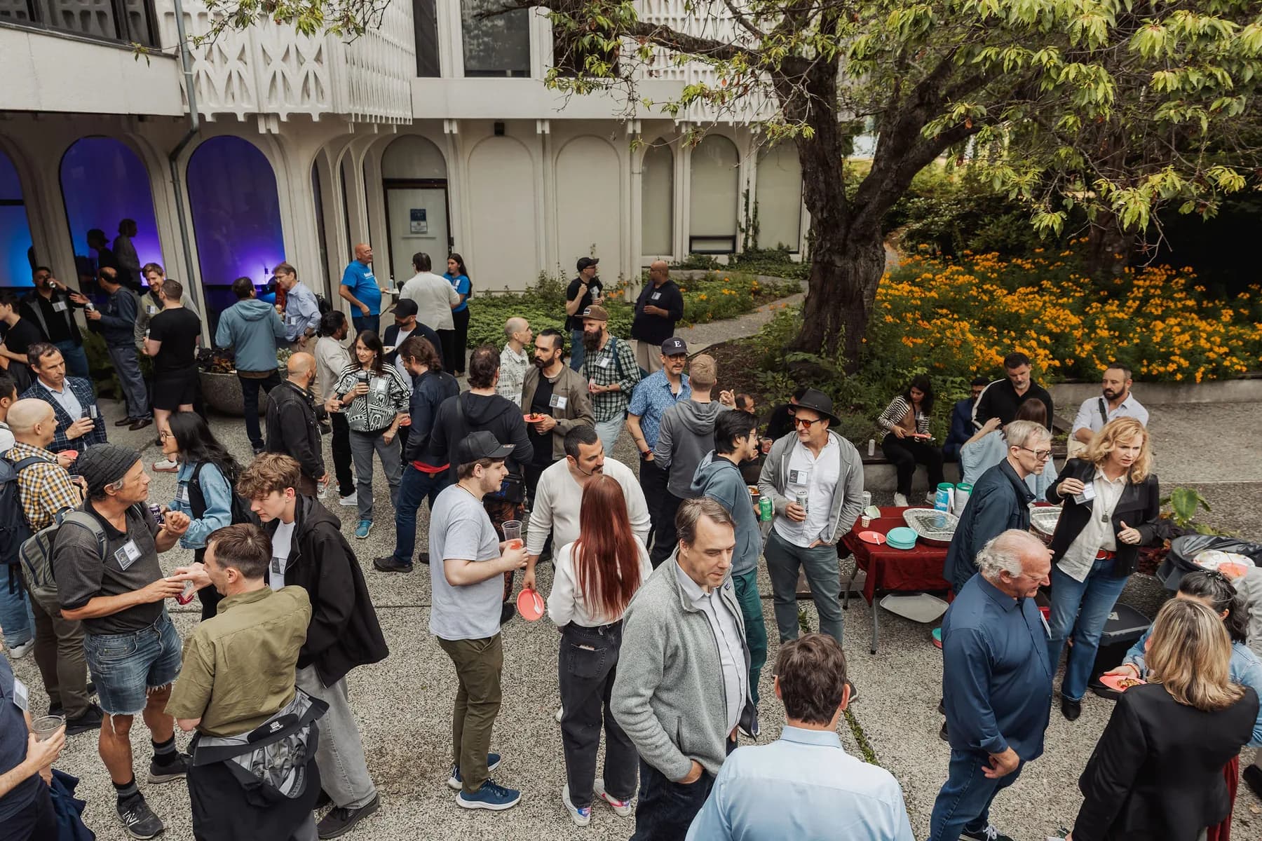 Second courtyard crowd angle with Space Centre architecture