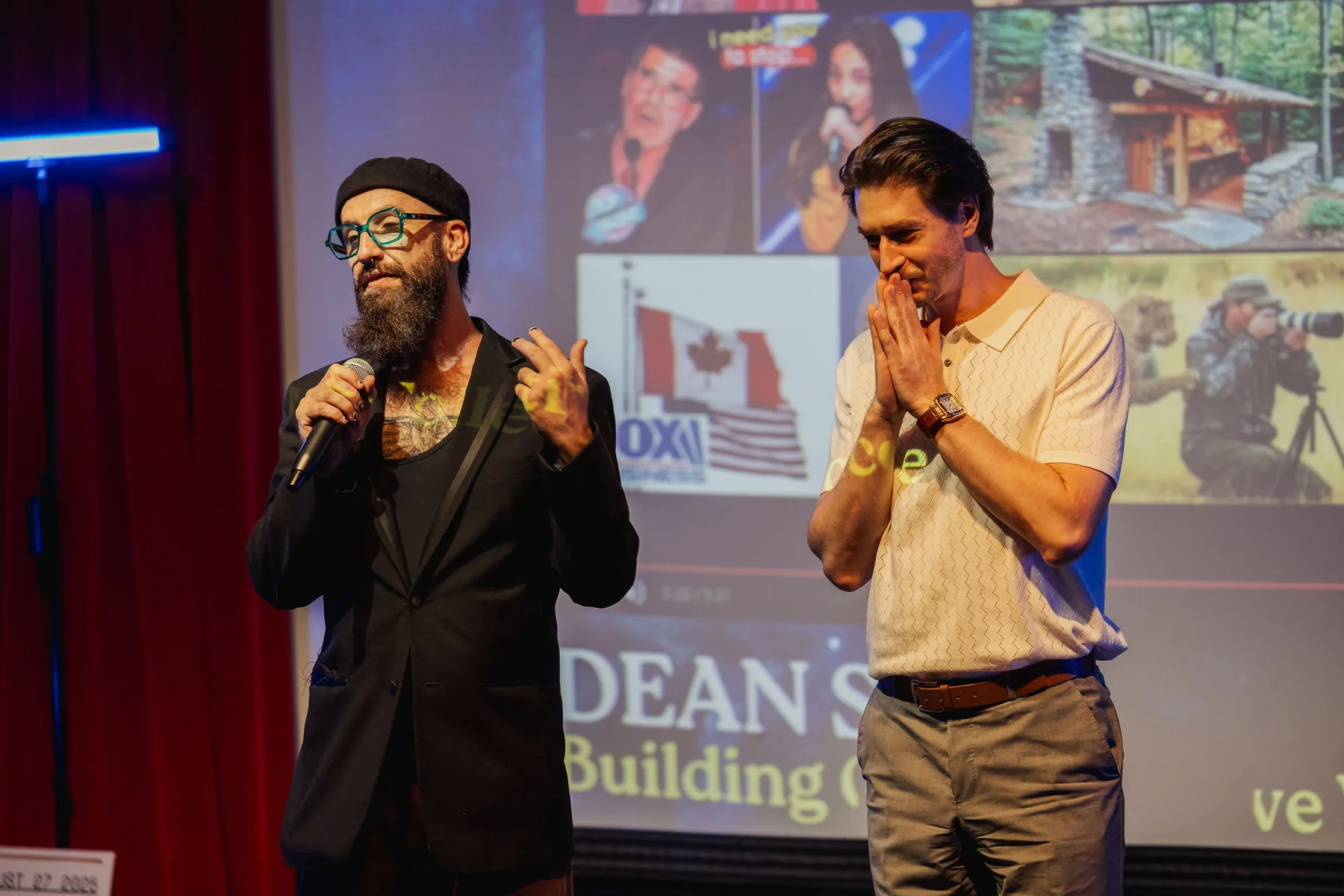 Dean Shev joins an on-stage discussion beside imagery from his data storytelling project.