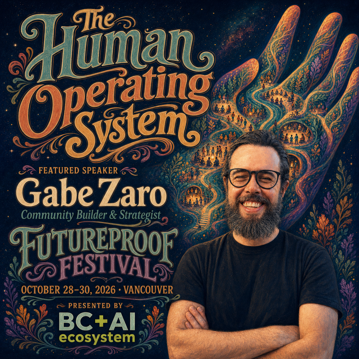 Illustrated Futureproof Festival featured speaker card for Zaro. His smiling portrait appears on the right beside a large open hand filled with winding rivers, trees, and small groups of people gathering. Hand-lettered text reads The Human Operating System and gives the festival dates, Oct 28–30, 2026, in Vancouver.