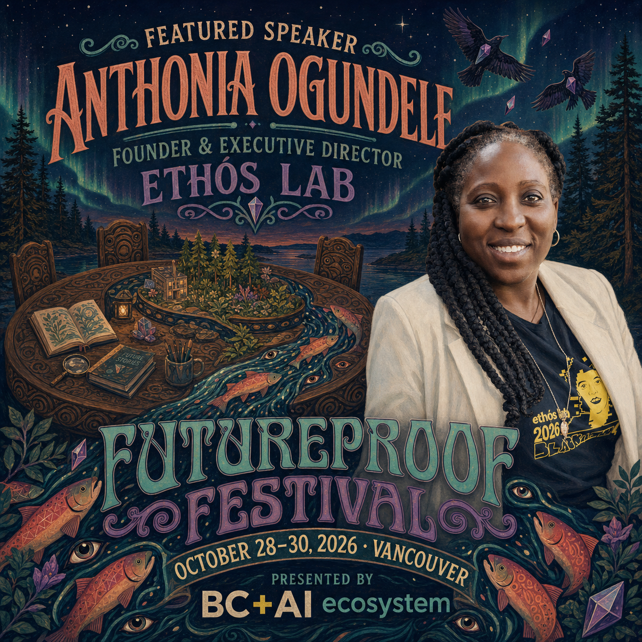 Illustrated Futureproof Festival featured speaker card for Anthonia Ogundele beside a learning table, salmon, ravens, and an aurora night sky.