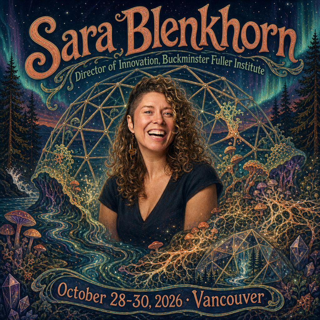 Illustrated Futureproof Festival featured speaker card for Sara Blenkhorn, Director of Innovation at the Buckminster Fuller Institute, beside a geodesic dome framework merging with living mycelial systems under an aurora night sky.